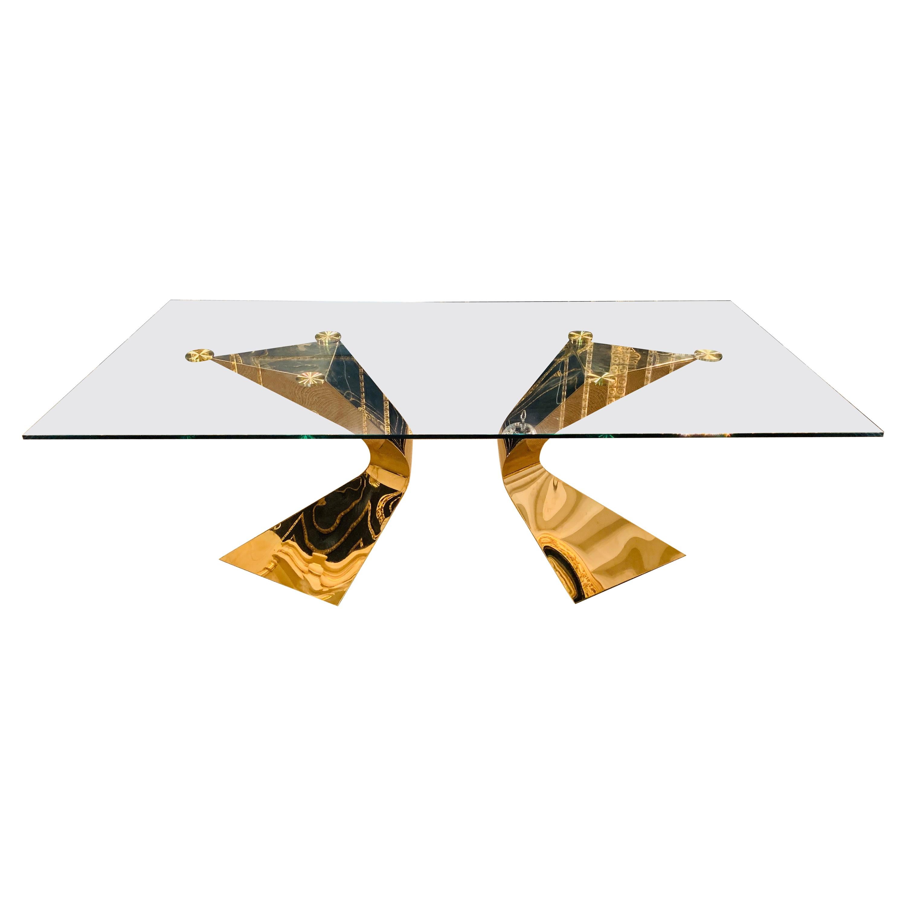 Large Glass Table with Decorative, Curved, Golden Steel Legs for Up to 8 People For Sale
