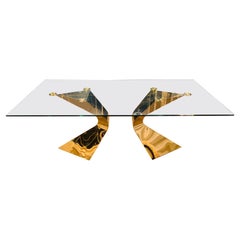 Large Glass Table with Decorative, Curved, Golden Steel Legs for Up to 8 People
