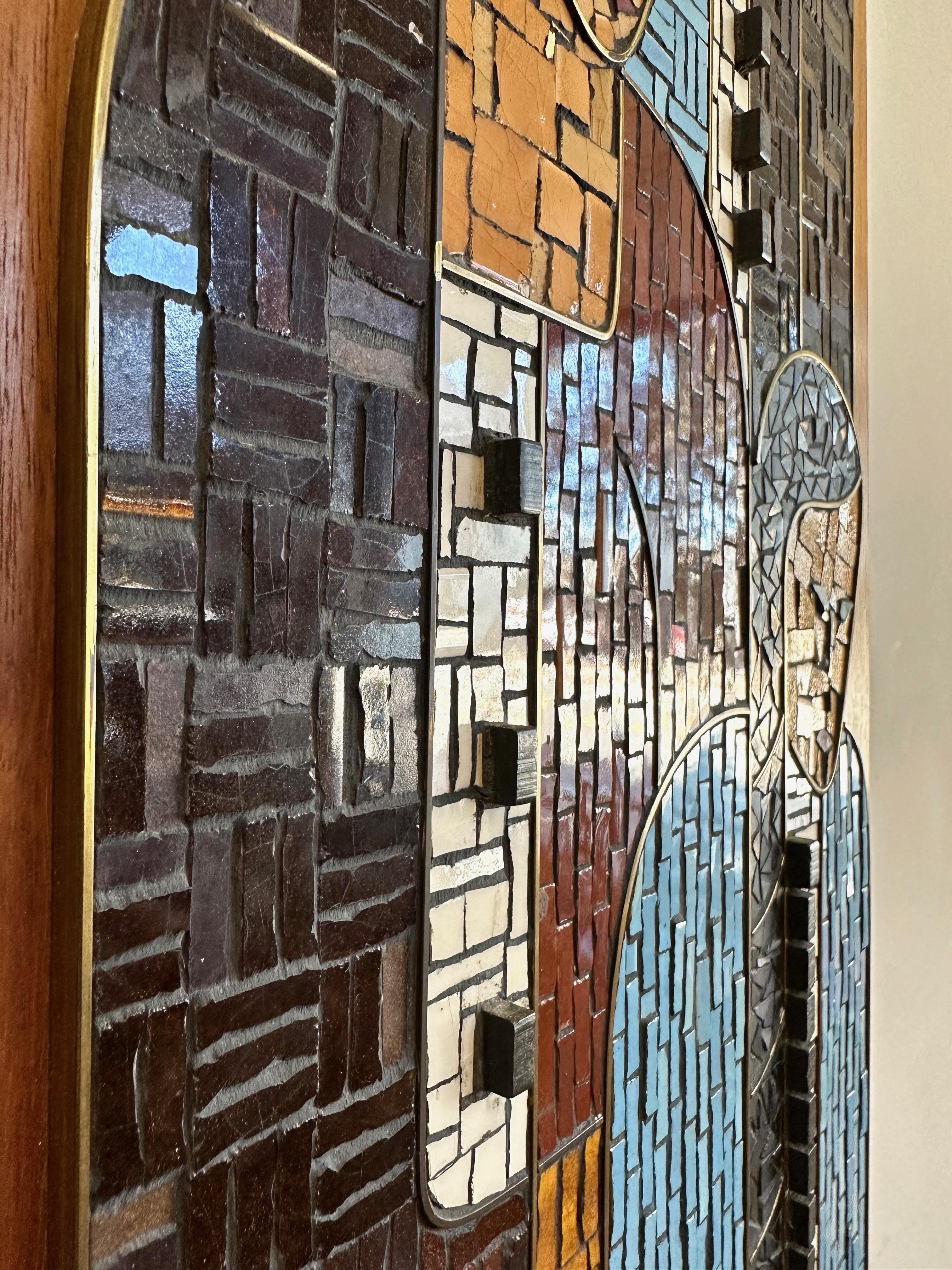 Large Glass Tile Mosaic of Native American Family on Walnut Board, 1960s 3