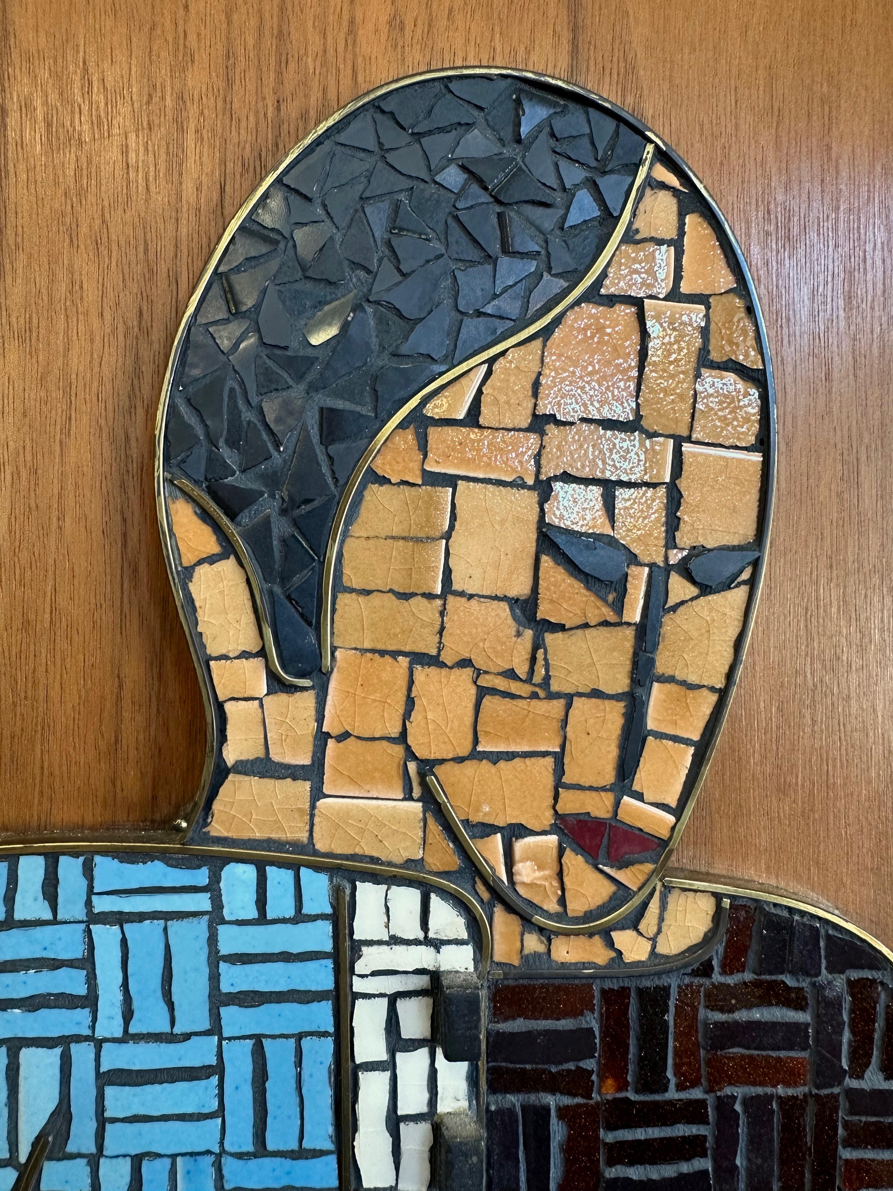Large Glass Tile Mosaic of Native American Family on Walnut Board, 1960s In Good Condition For Sale In San Francisco, CA