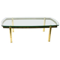 Large Glass Top Coffee Table on Brass Legs, with Leatherette Accents, 1970s