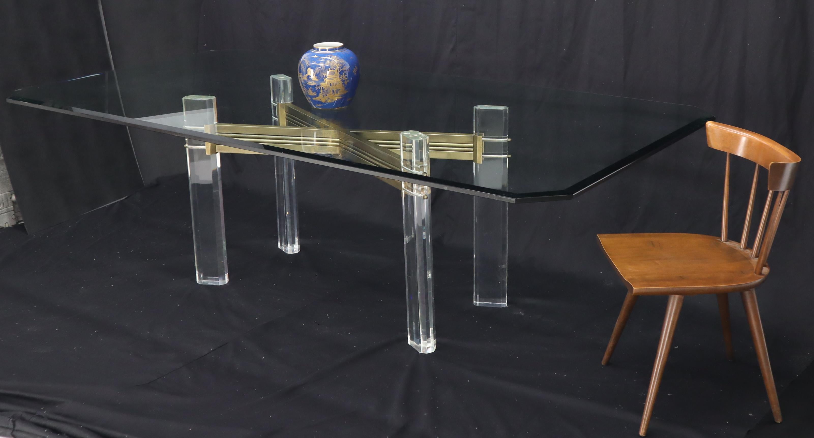 Mid-Century Modern Large Glass Top Lucite and Brass Base Conference Dining Table atr. Mastercraft For Sale