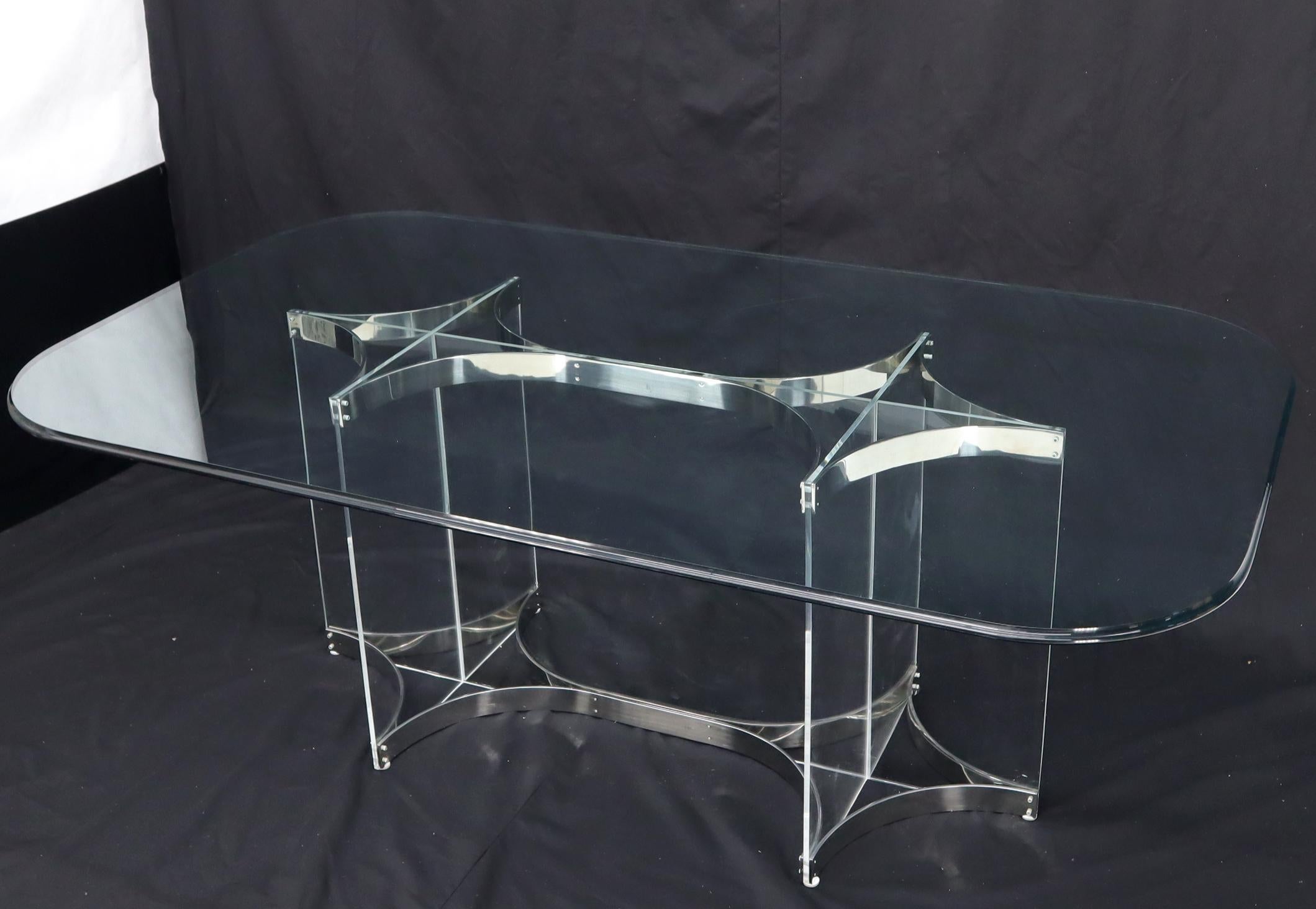 Large Glass Top Lucite & Stainless Base Rectangle Dining Table w/ Rounded Corner In Good Condition For Sale In Rockaway, NJ