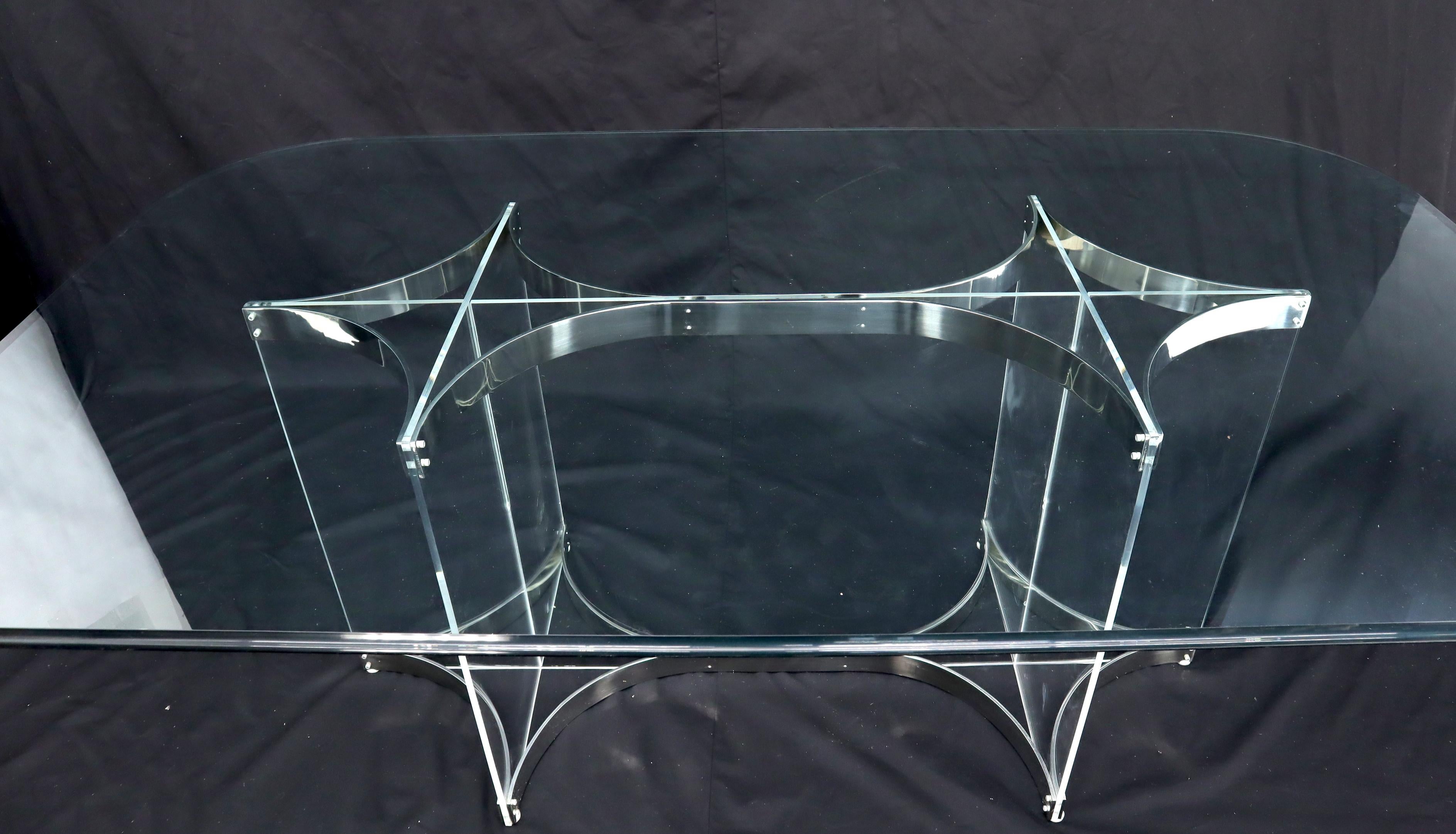 20th Century Large Glass Top Lucite & Stainless Base Rectangle Dining Table w/ Rounded Corner For Sale
