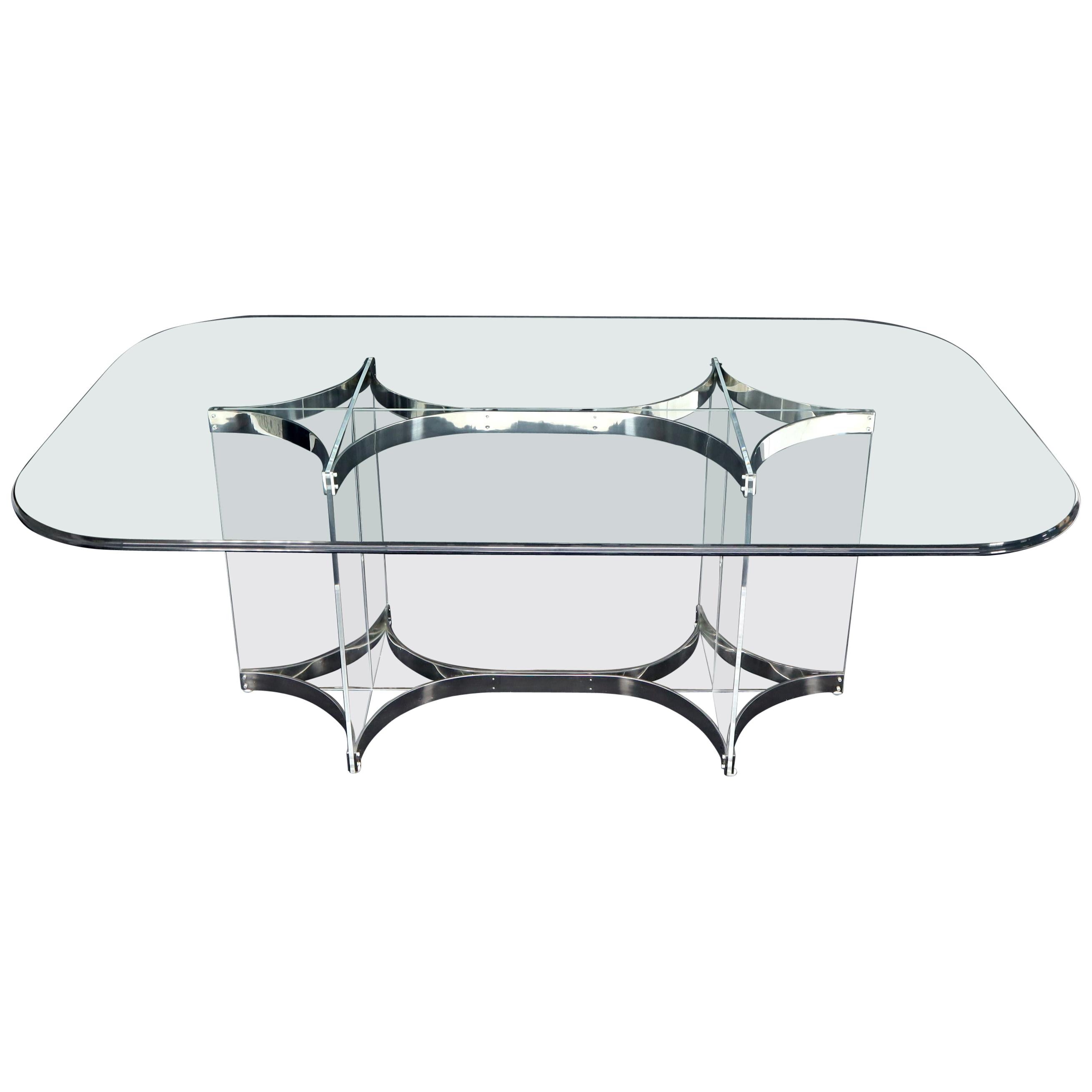Large Glass Top Lucite & Stainless Base Rectangle Dining Table w/ Rounded Corner