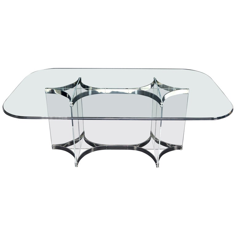 Large Glass Top Lucite & Stainless Base Rectangle Dining Table w/ Rounded Corner For Sale