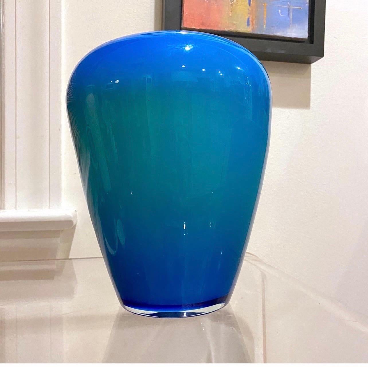 Exceptional vase, Isis model, created by Anja Kjaer for Holmegaard Royal Copenhagen, baluster shape with open neck, opaque blue and green glass inside. Perfect condition.