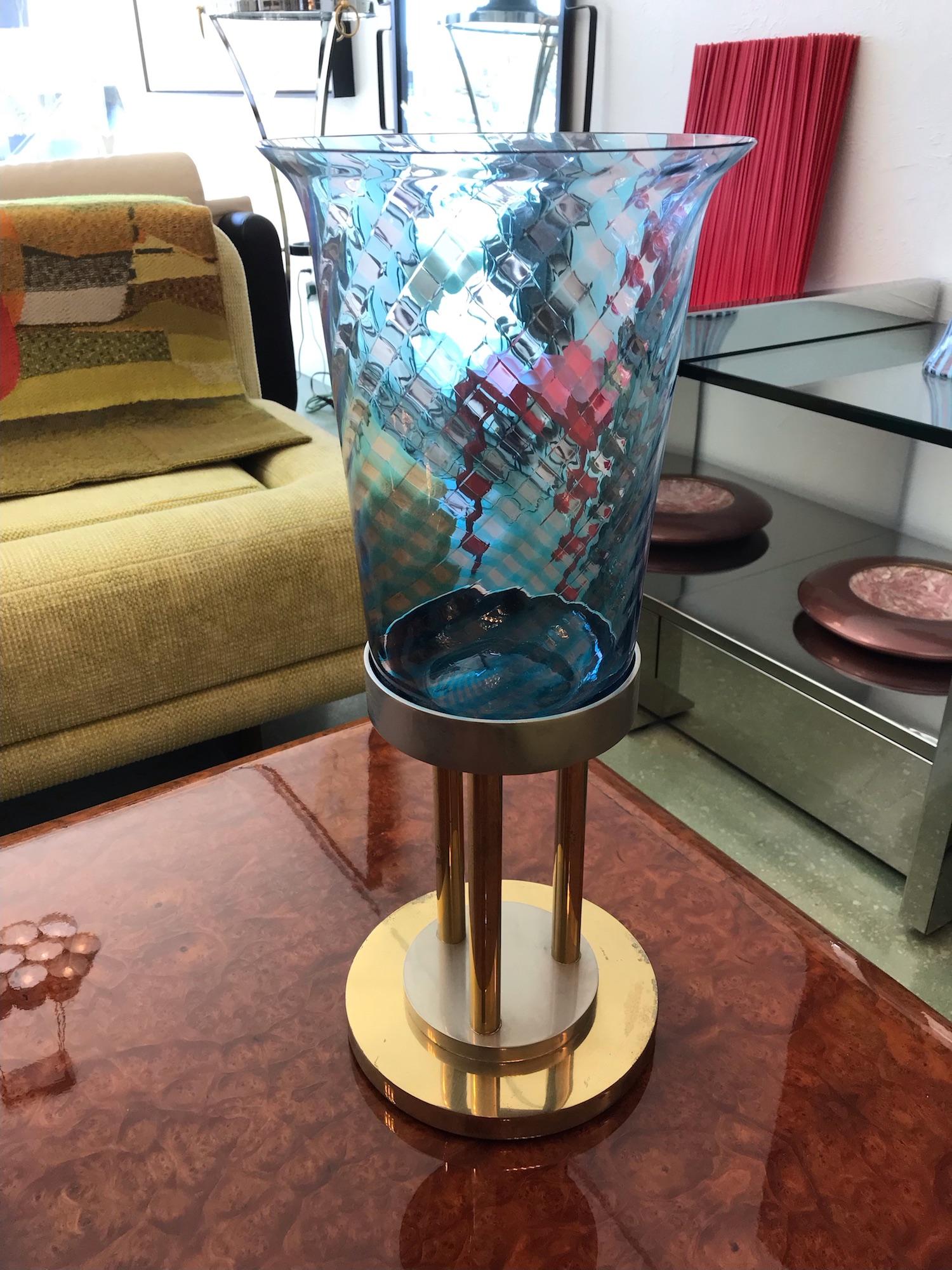 Large Glass Vase on Brass and Steel Pedestal by VeArt, Italy 1970s For Sale 2