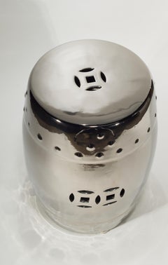 Large Glazed Ceramic Chinese Garden Stool Side Table in Chrome, Vintage