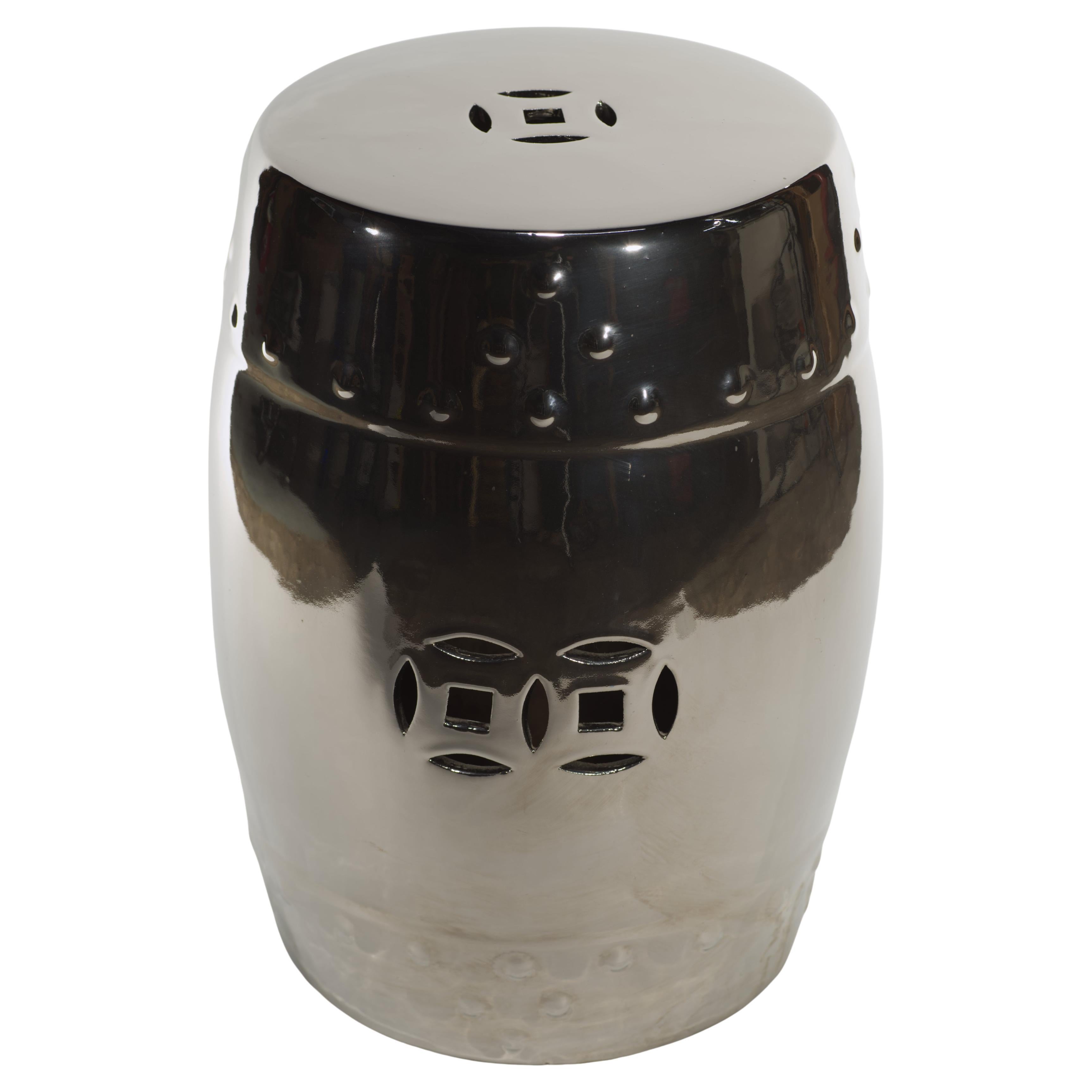 Large Glazed Ceramic Chinese Garden Stool Side Table in Chrome, Vintage For Sale