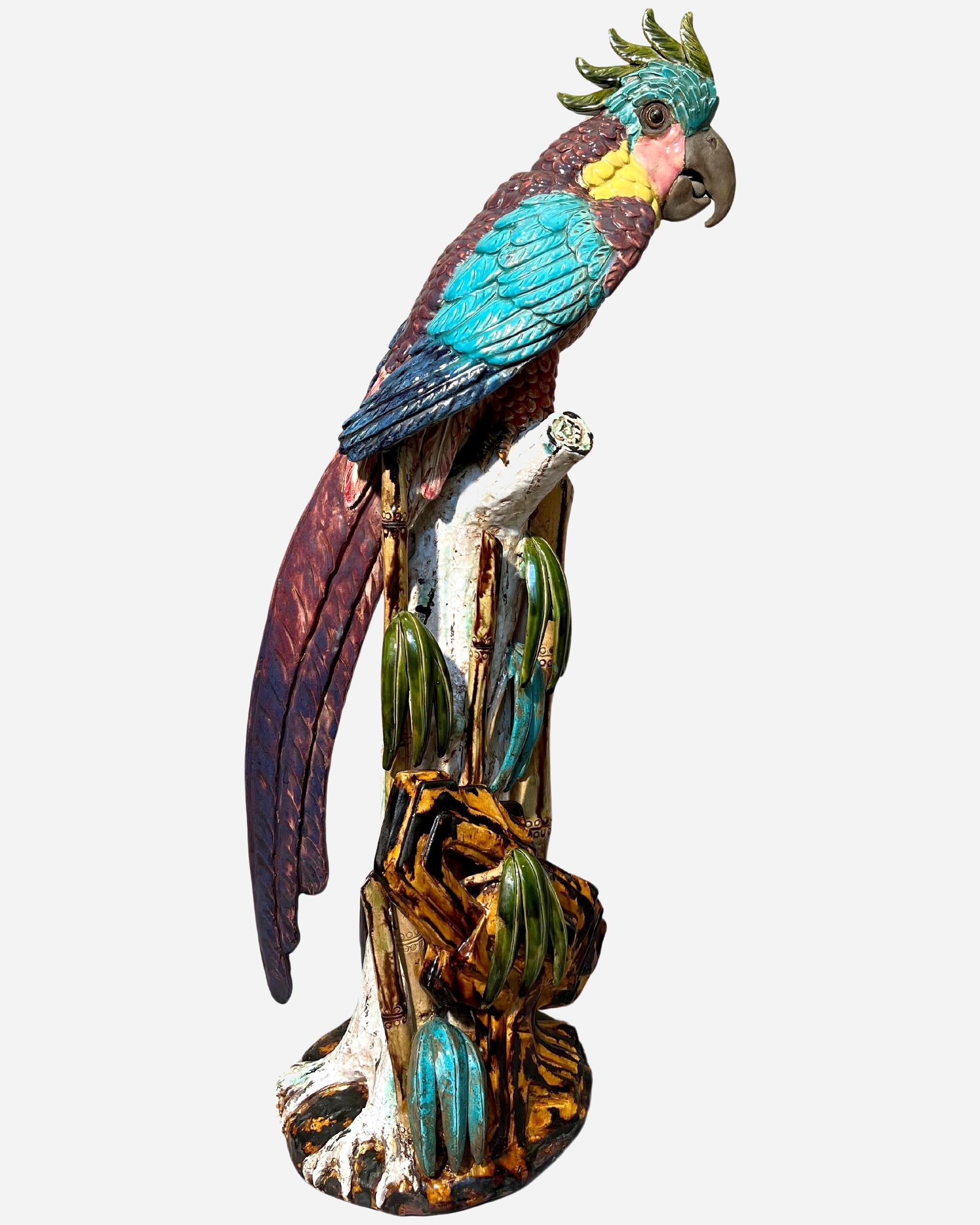 Enameled Large glazed ceramic parrot, Spain, circa 1960