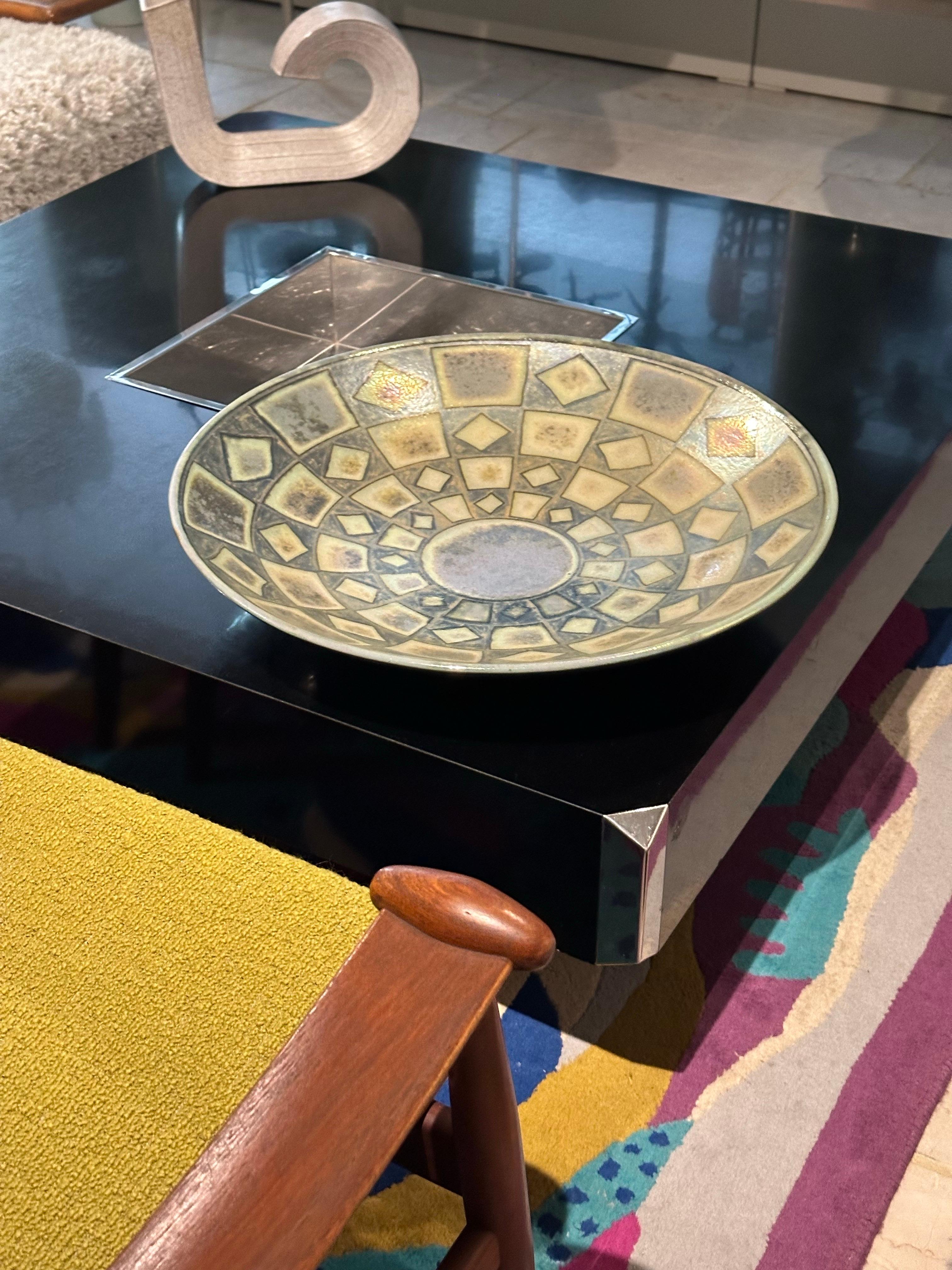 Mid-Century Modern Large glazed ceramic plate centerpiece green and blue For Sale