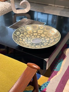 Large glazed ceramic plate centerpiece green and blue