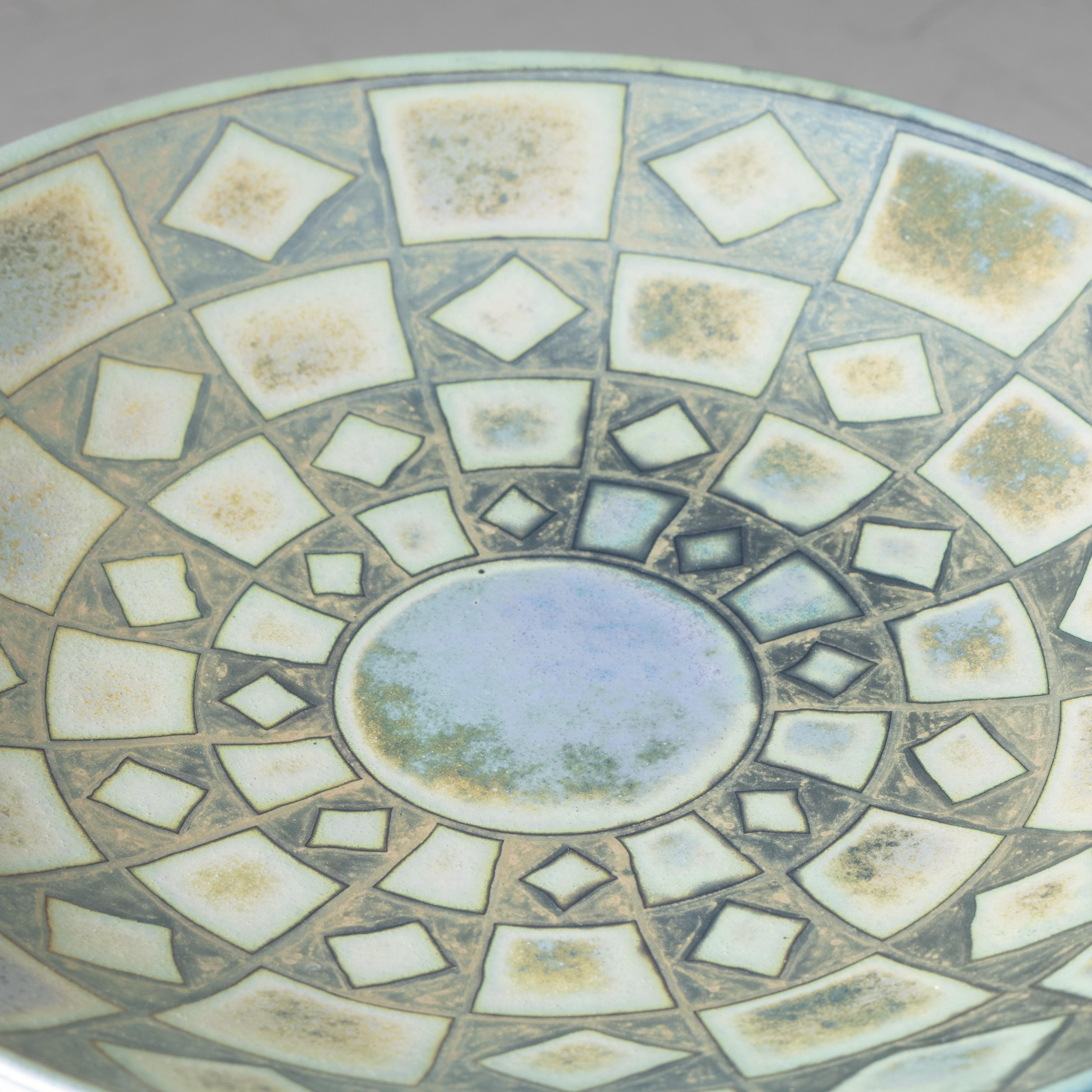 20th Century Large glazed ceramic plate centerpiece green and blue For Sale