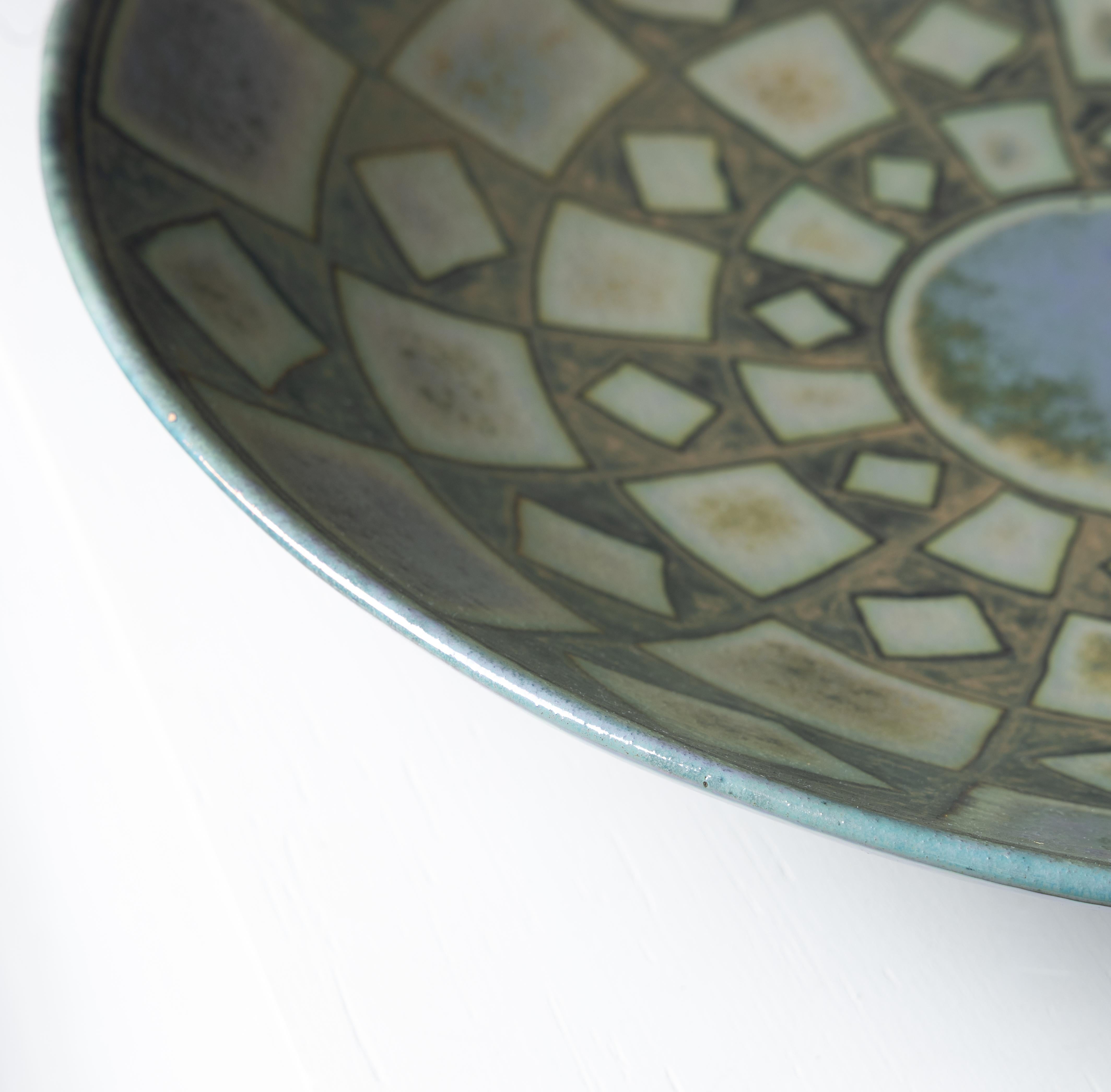 Ceramic Large glazed ceramic plate centerpiece green and blue For Sale
