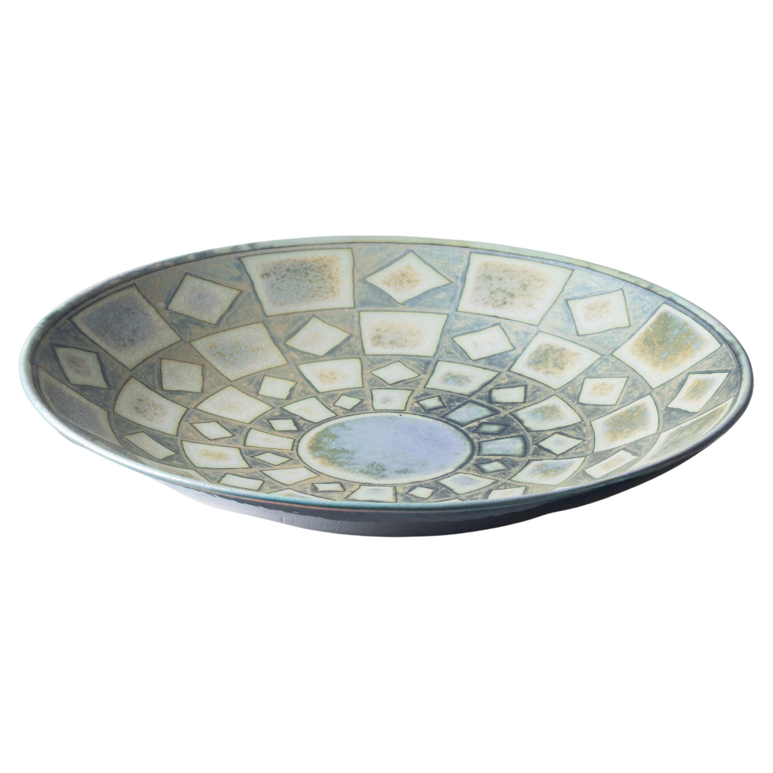 Large glazed ceramic plate centerpiece green and blue