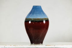 Large Glazed Ceramic Vase with Blue, Green, and Brown Tones