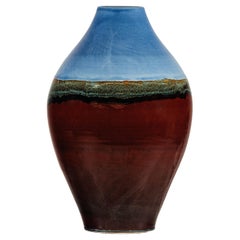 Large Glazed Ceramic Vase with Blue, Green, and Brown Tones
