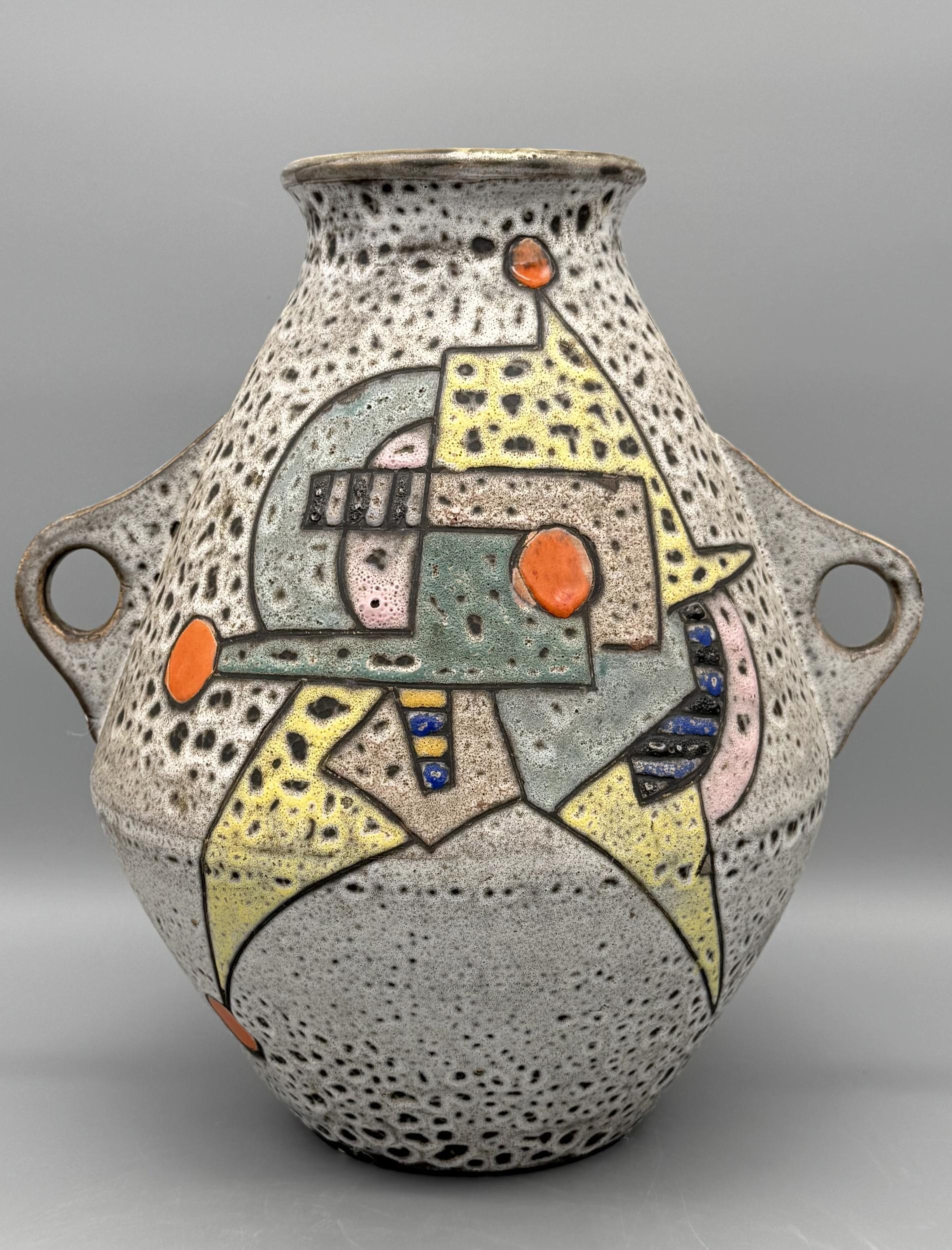 Large vase with handles in “fat lava” glazed ceramic, with abstract decoration in brightly colored enamels.
Yellow glazed interior.
Inscribed signature Bessone Vallauris 56 on the bottom.
Height: 35 cm (13.8 inches)
Diameter: 26 cm (8.3