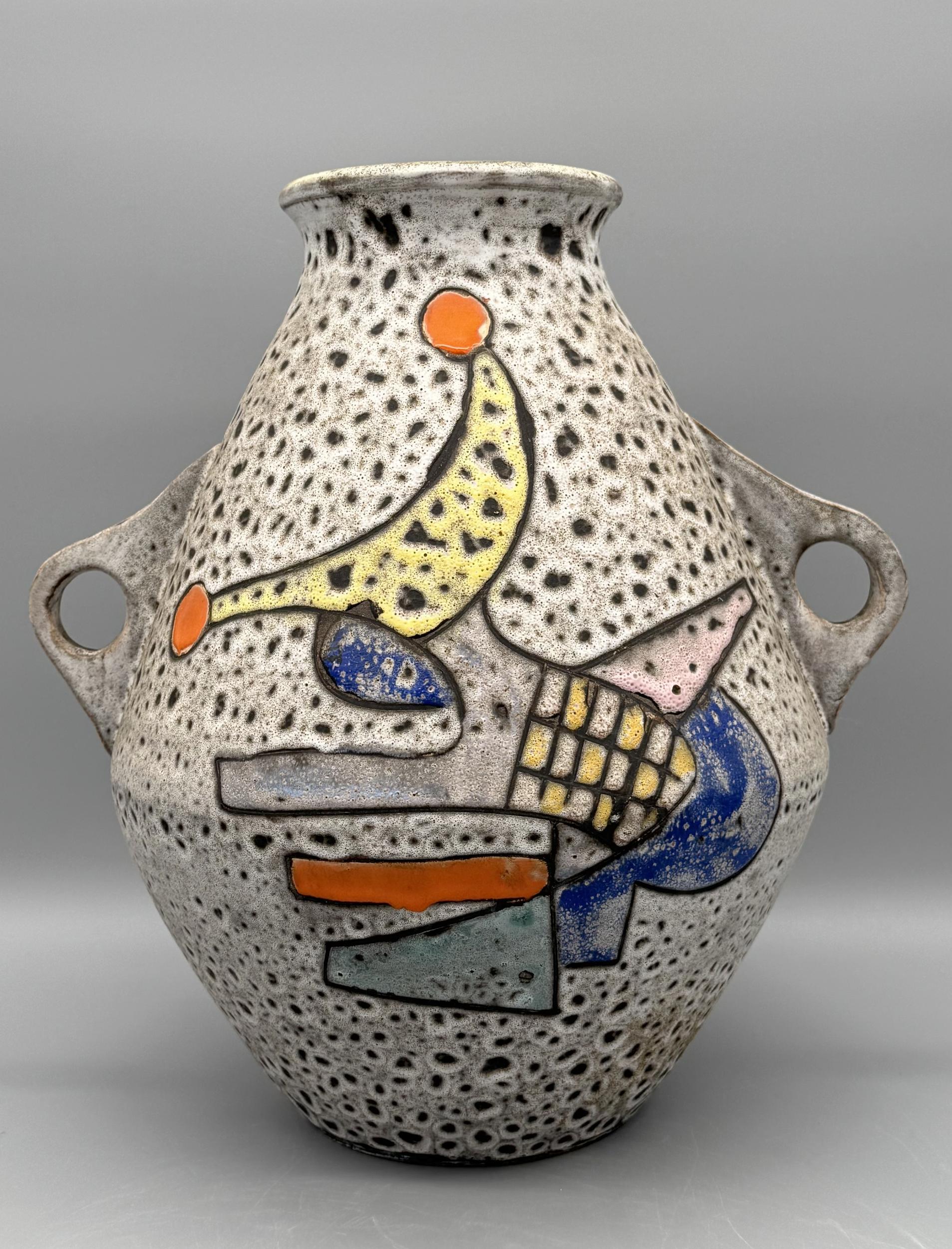 Mid-Century moderno Large glazed ceramic vase with handles, Marius Bessone, Vallauris, France, 1956 in vendita