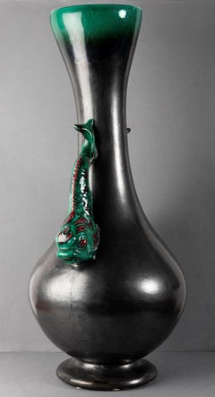 Large Glazed Earthenware Vase, Fish Shaped Handles, Probably Vallauris, 1950s