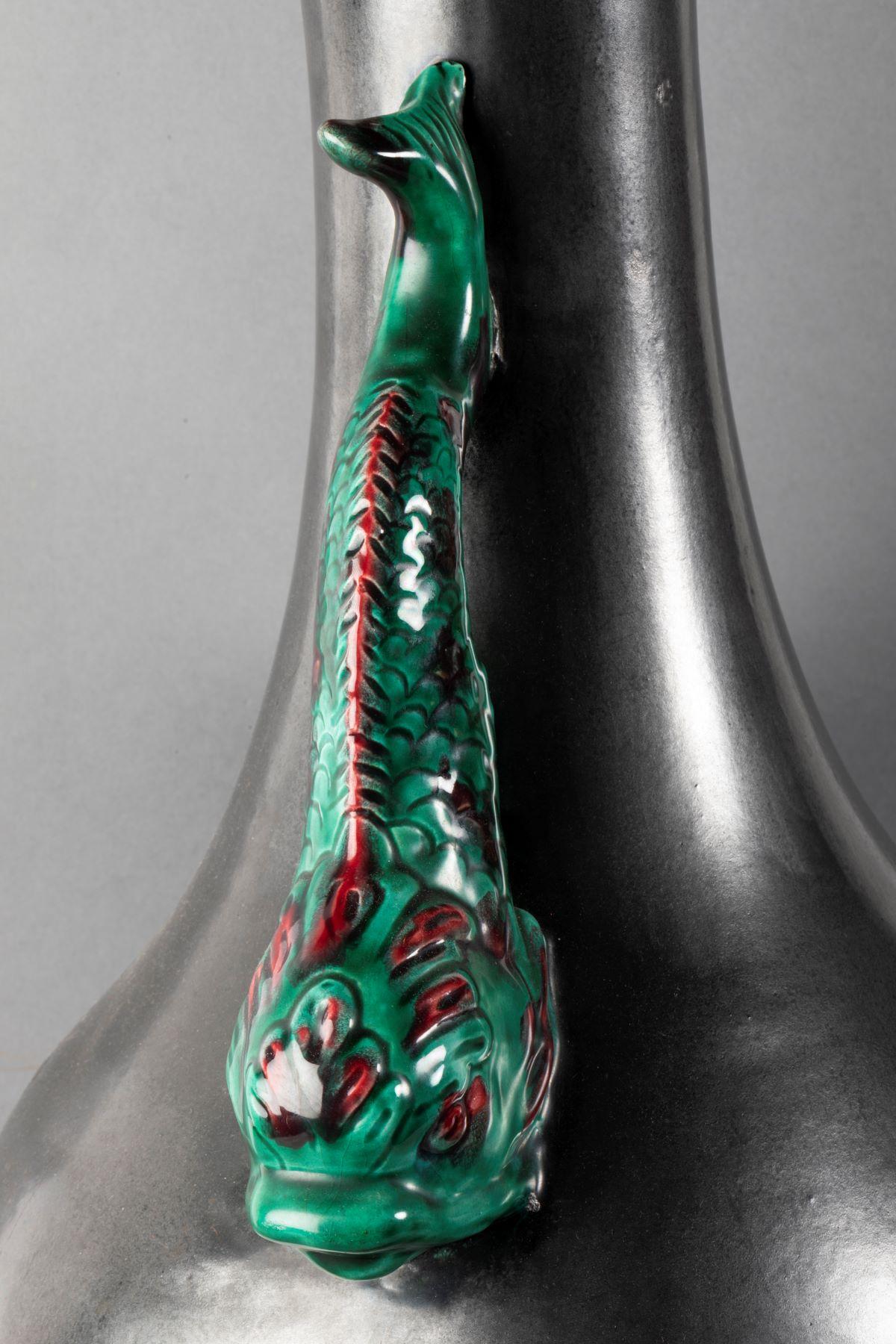 Large Glazed Earthenware Vase, Fish Shaped Handles, Probably Vallauris, 1950s For Sale 1