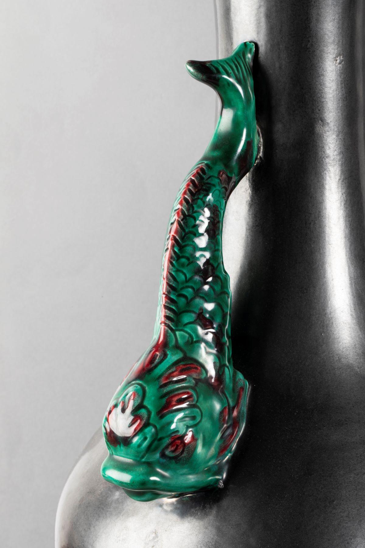 Large Glazed Earthenware Vase, Fish Shaped Handles, Probably Vallauris, 1950s For Sale 2