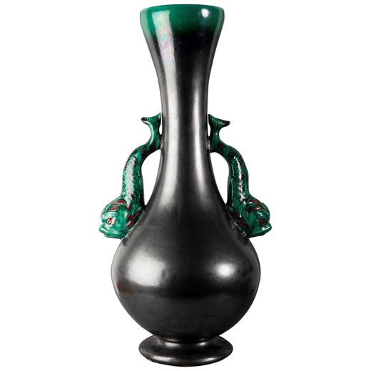 Large Glazed Earthenware Vase Fish Shaped Handles Probably
