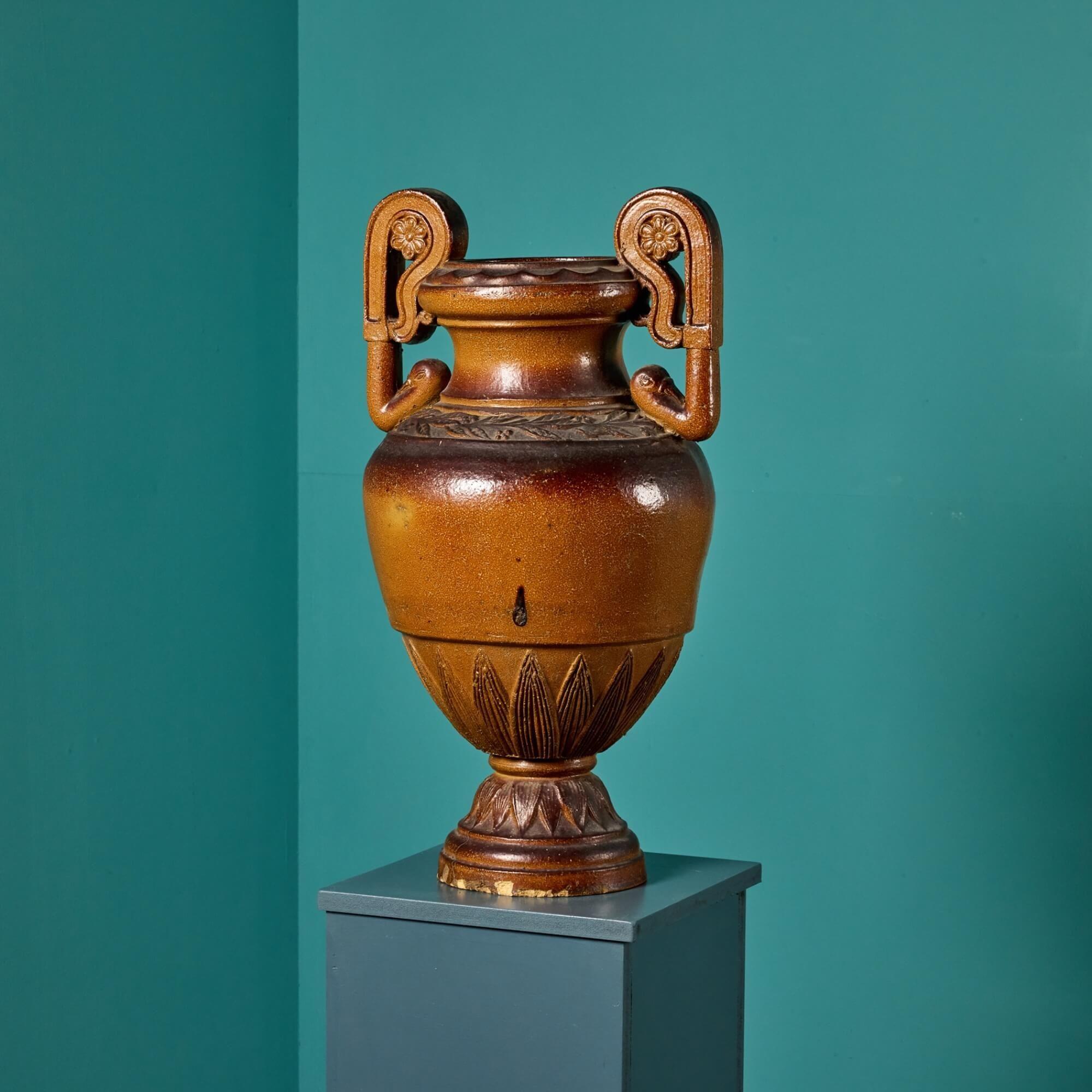 Neoclassical Large Glazed Greek Terracotta Vase For Sale