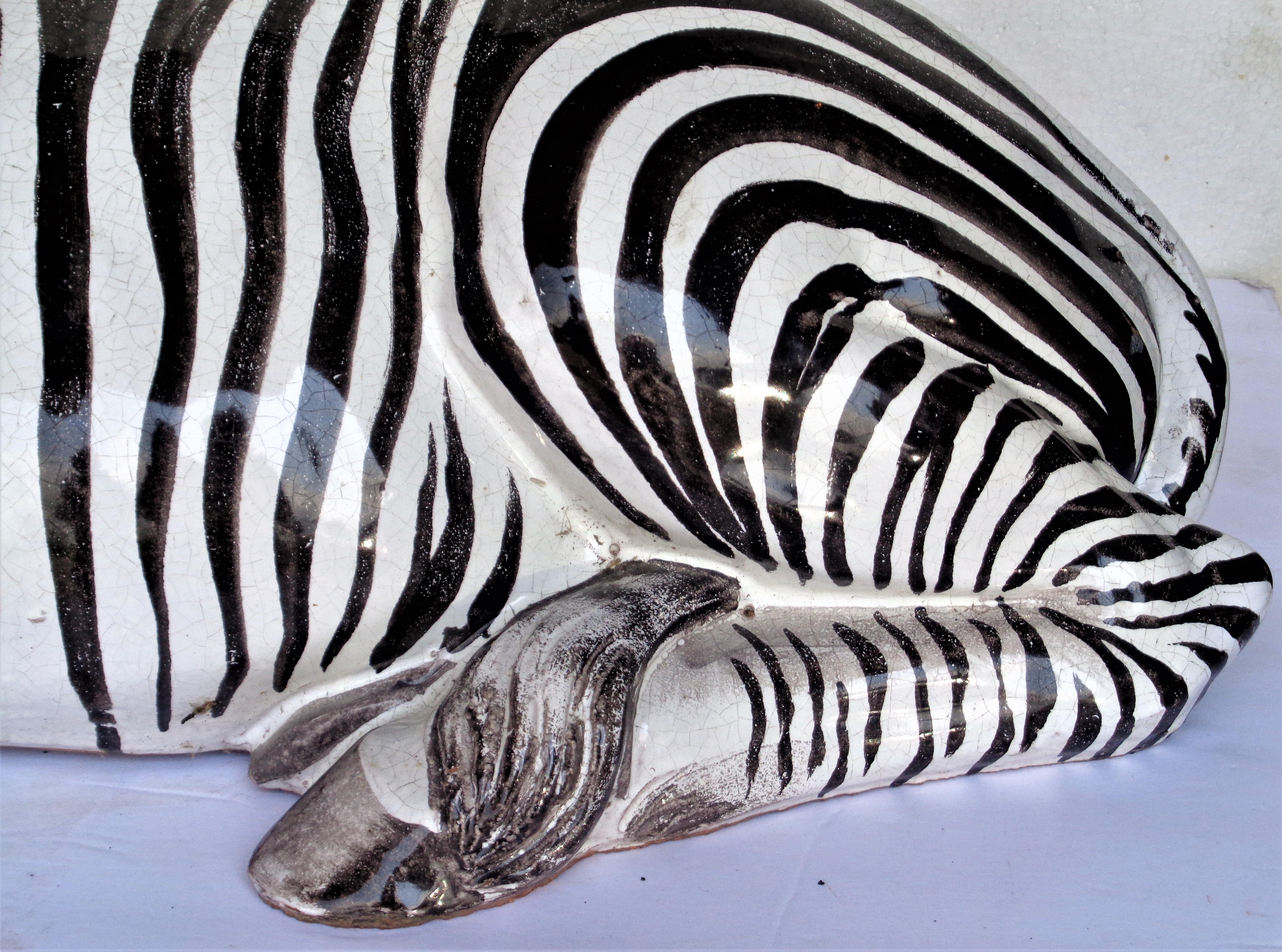 Fired Large Glazed Terracotta Zebra - Italy, Circa 1960