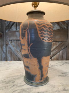Large Glazed Pottery Lamp with Horse Motif