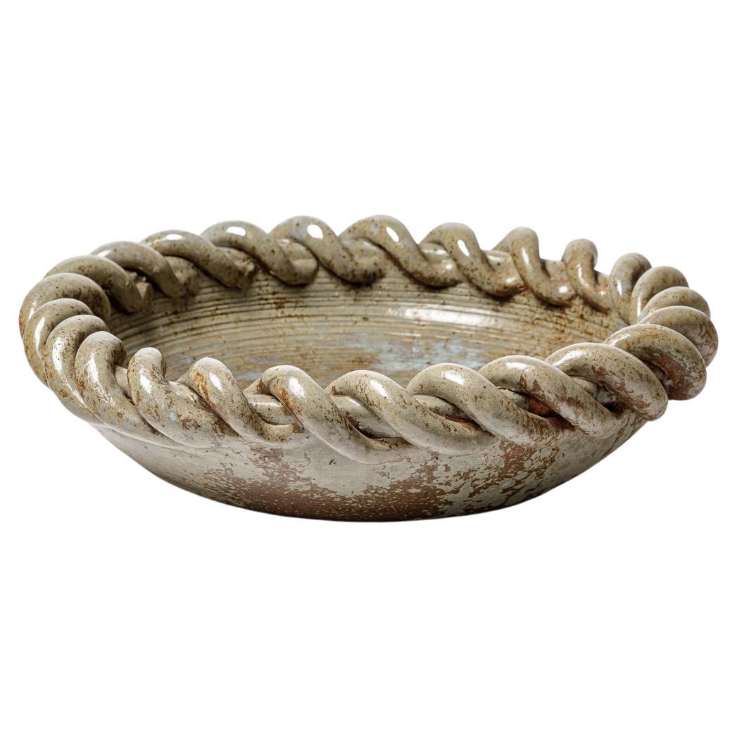 Large glazed stoneware bowl with modeled decoration by André Rozay, circa 1945. For Sale