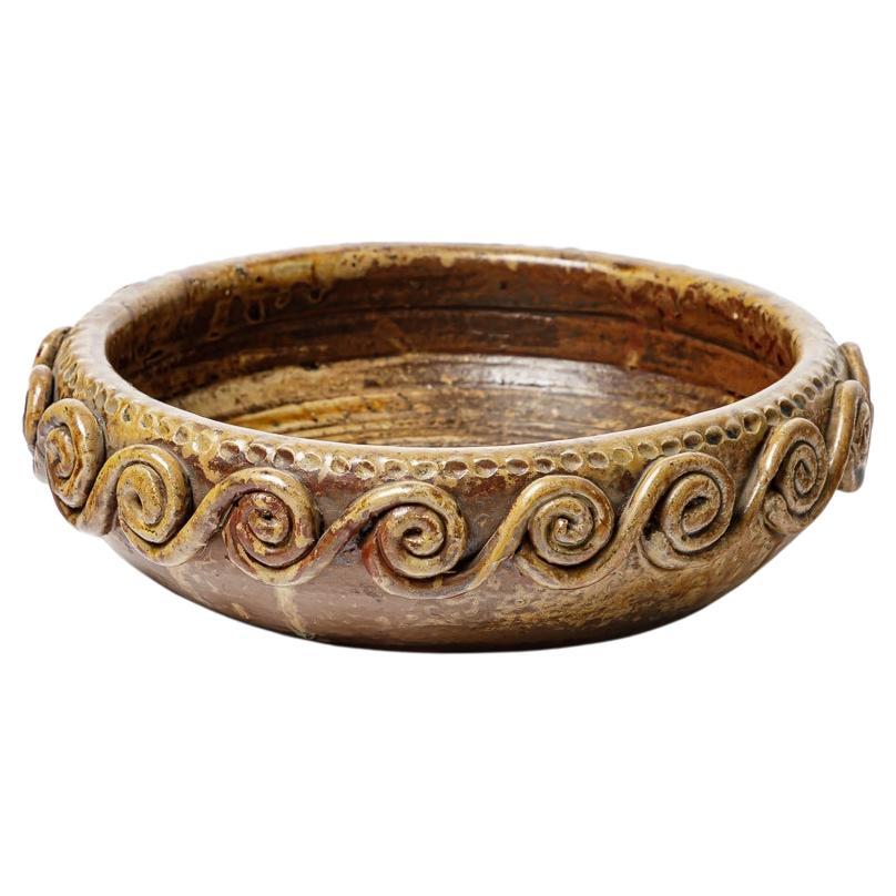 Large glazed stoneware bowl with modeled decoration by André Rozay, circa 1945.