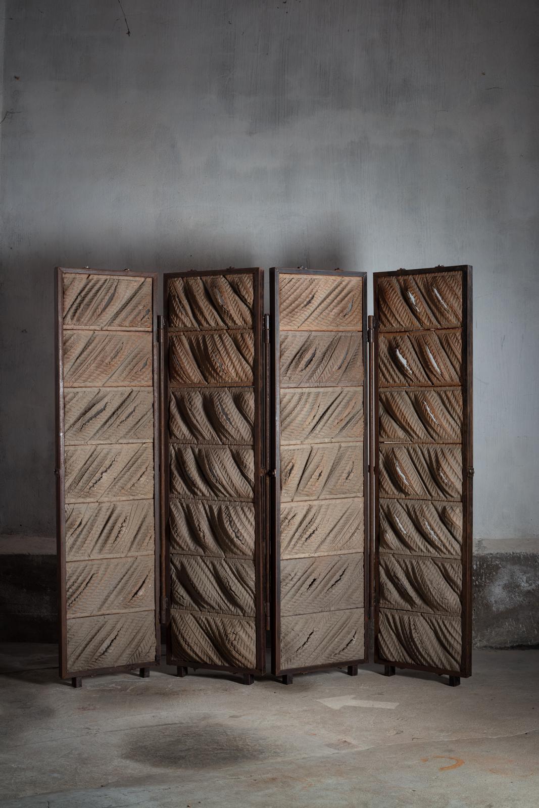 Large glazed stoneware screen with four leaves by Anne Barrès.
Artist signature under the base. Circa 2000-2010. Unique piece. 
Can be displayed both indoors or outdoors.
H : 75.2’ x 19.9’ x 3.5’ inches (dimension of one part).
Approximate