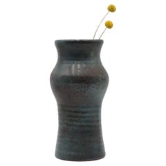 Vaso grande in ceramica marrone e verde acqua smaltata con etichetta del fiorista