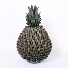Large Glazed Terracotta or Pottery Lidded Pineapple Jars or Urns