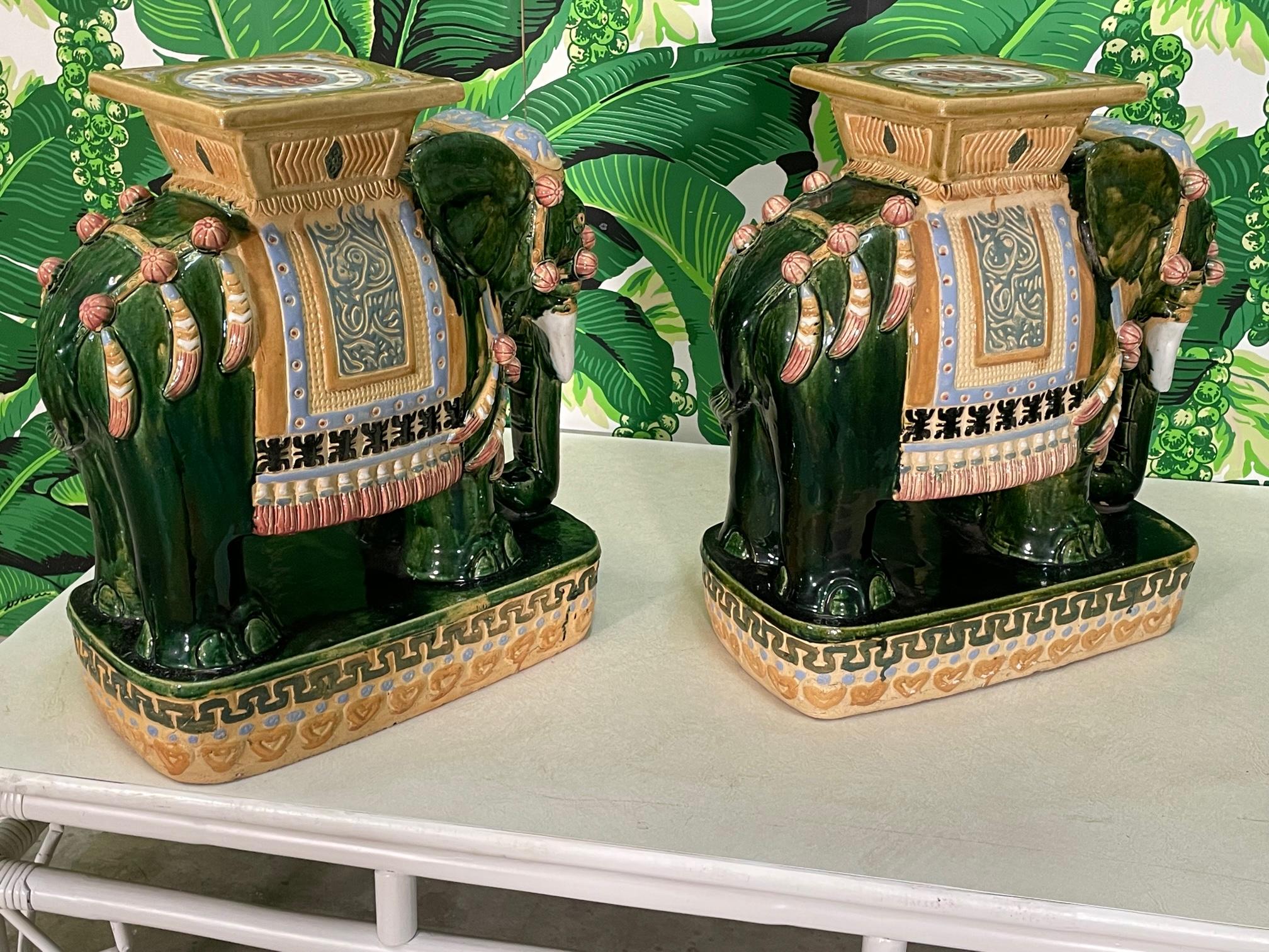 Hollywood Regency Large Glazed Terracota Elephant Garden Stools, a Pair