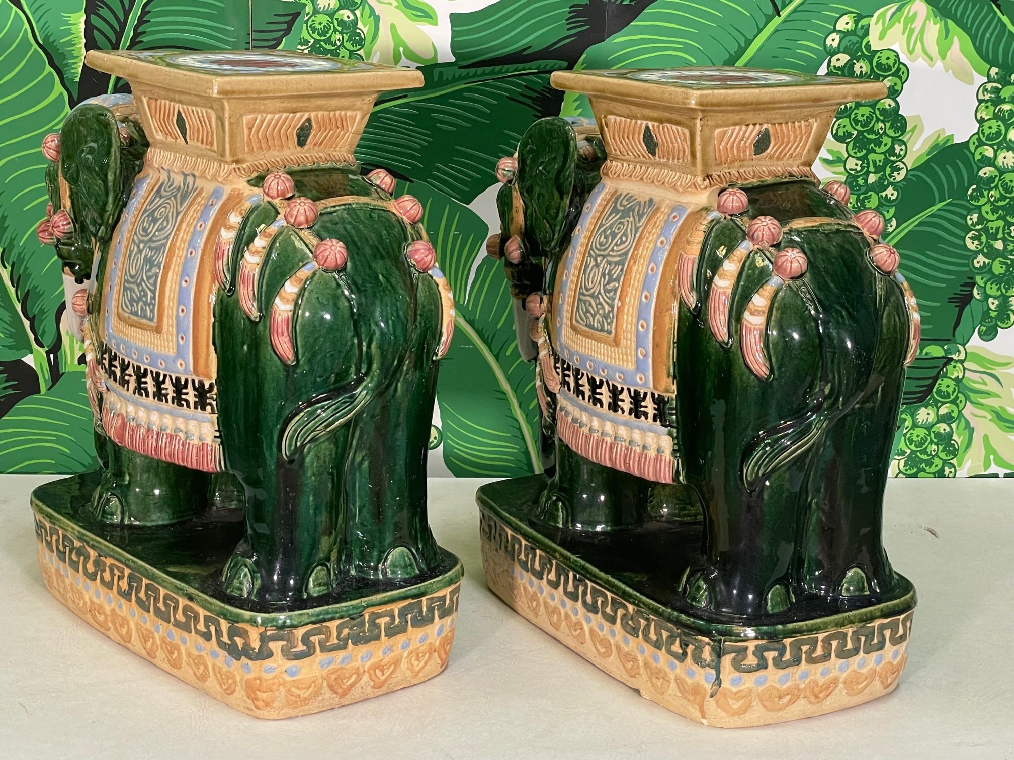 Large Glazed Terracota Elephant Garden Stools, a Pair In Good Condition In Jacksonville, FL