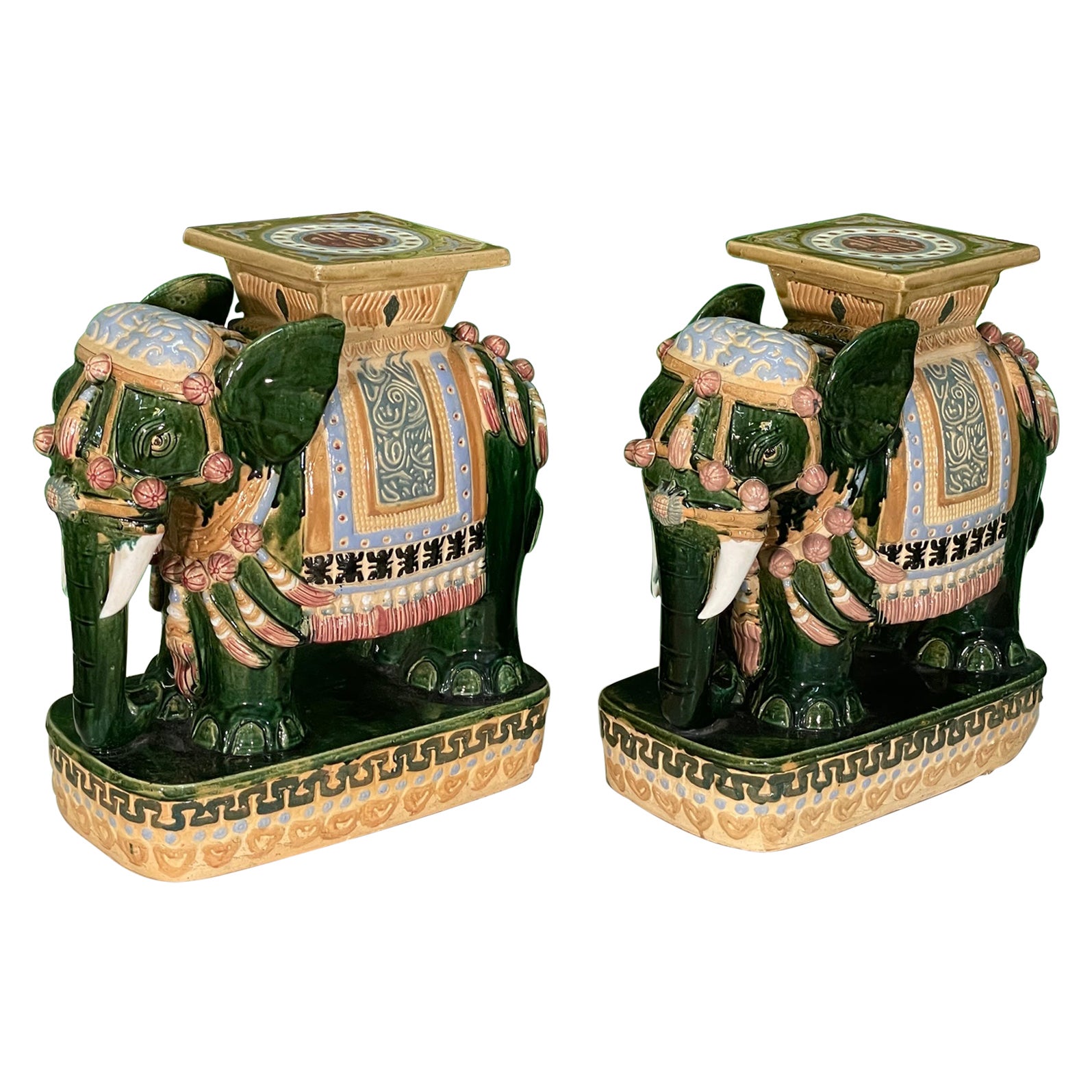 Large Glazed Terracota Elephant Garden Stools, a Pair