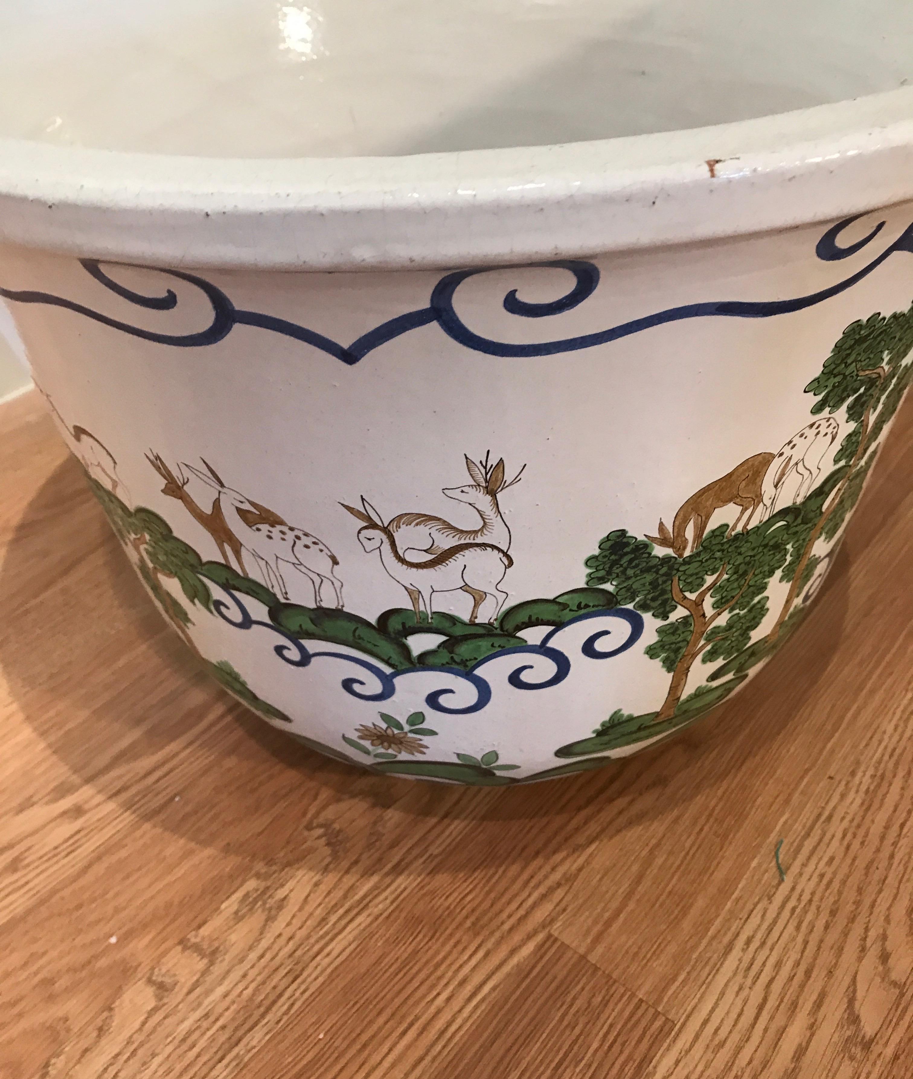 Large Glazed Terracotta Italian Hand Painted Jardinière In Good Condition For Sale In West Palm Beach, FL