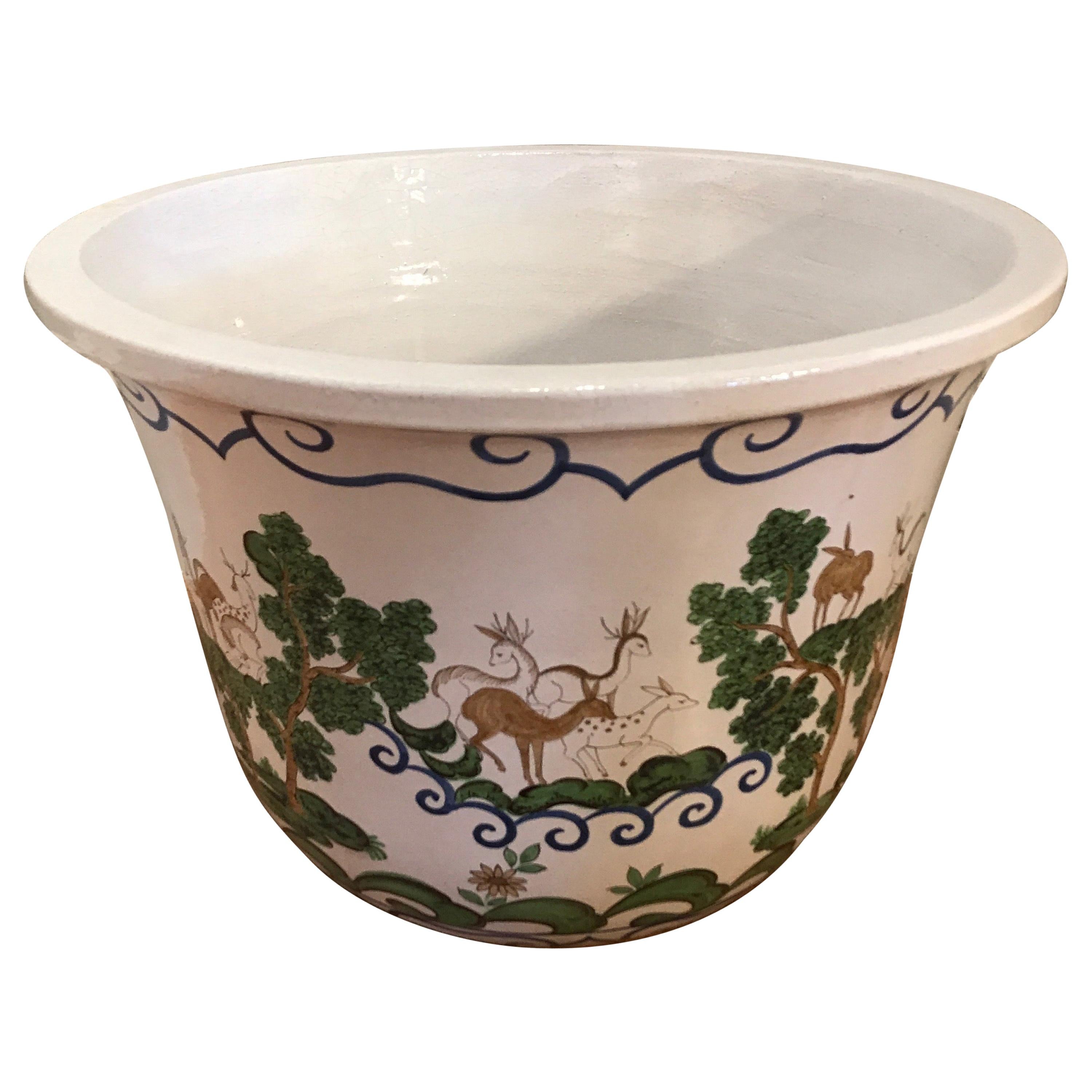 Large Glazed Terracotta Italian Hand Painted Jardinière For Sale