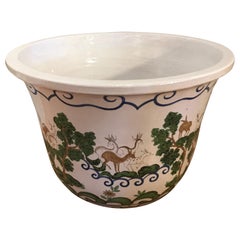 Retro Large Glazed Terracotta Italian Hand Painted Jardinière