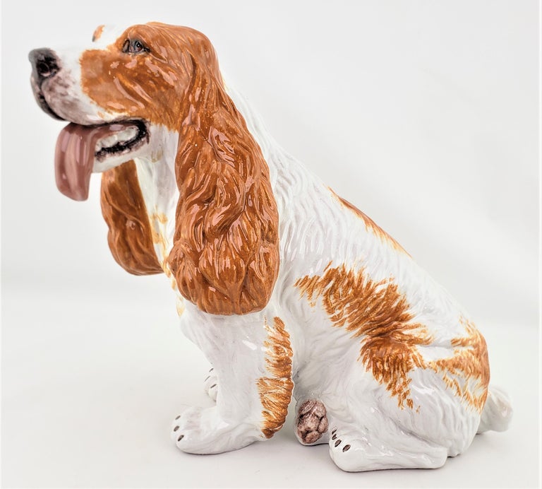 Mid-Century Modern Large Glazed Terracotta Mid-Century Era Spaniel Dog Sculpture with Brown Accents For Sale