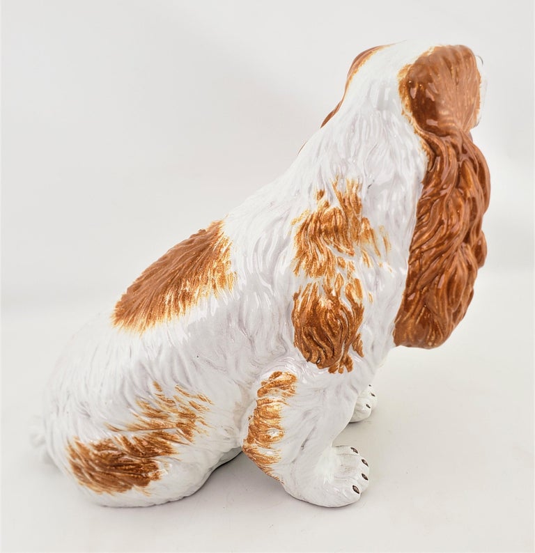 Large Glazed Terracotta Mid-Century Era Spaniel Dog Sculpture with Brown Accents In Good Condition For Sale In Hamilton, Ontario