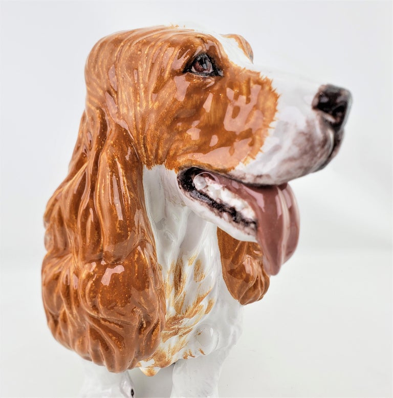 20th Century Large Glazed Terracotta Mid-Century Era Spaniel Dog Sculpture with Brown Accents For Sale