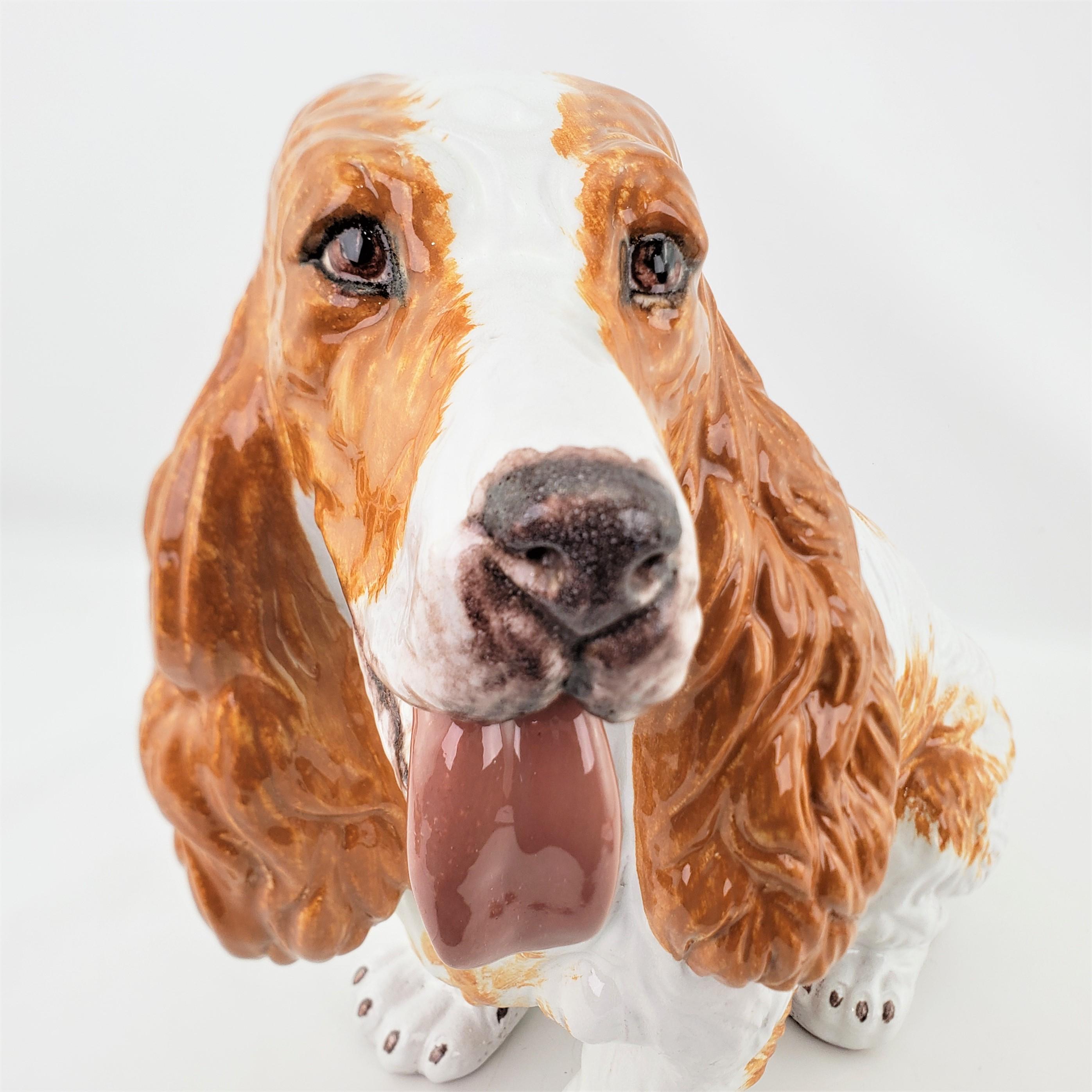 Italian Large Glazed Terracotta Mid-Century Era Spaniel Dog Sculpture with Brown Accents