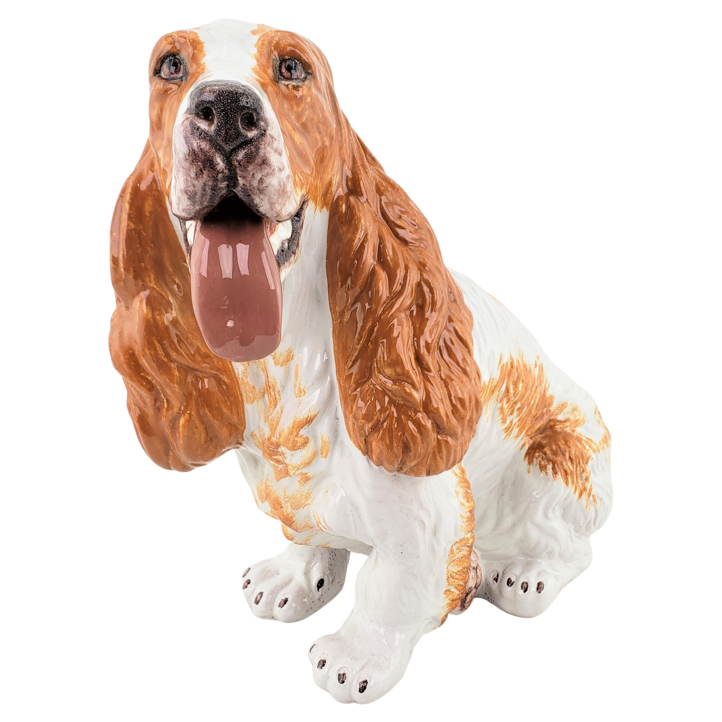 Large Glazed Terracotta Mid-Century Era Spaniel Dog Sculpture with Brown Accents For Sale