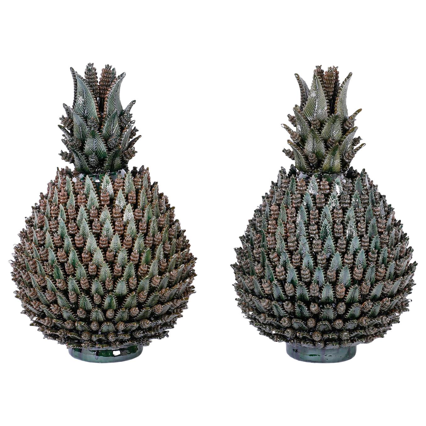 Large Glazed Terracotta or Pottery Lidded Pineapple Jars or Urns