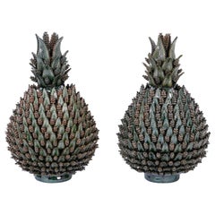 Large Glazed Terracotta or Pottery Lidded Pineapple Jars or Urns