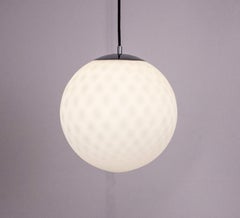 Large  Globe Pendant Chrome and Opal  Glass Lamp with inner mesh, 1950's